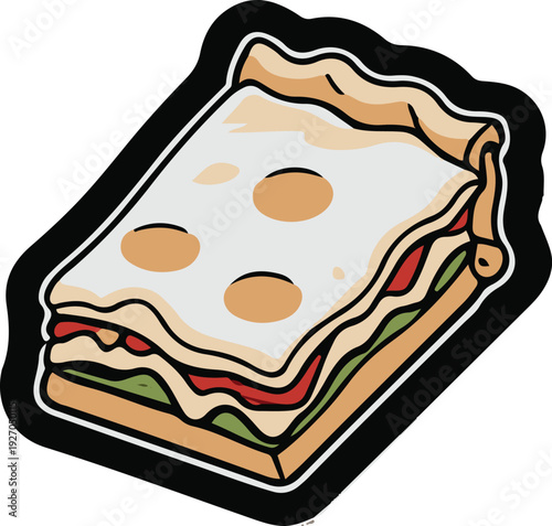 Minimalist frozen lasagna slice vector sticker, bold black thick clean outline, pure white background, isolated object 2