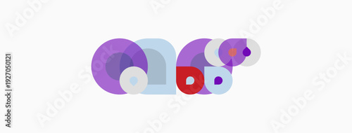Abstract design features overlapping circles, purple hues dominate, red accent present. Minimalist composition, clean aesthetic.