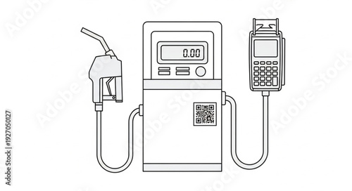 Gas station pump with payment terminal, ready for refueling vehicles, fuel price display.