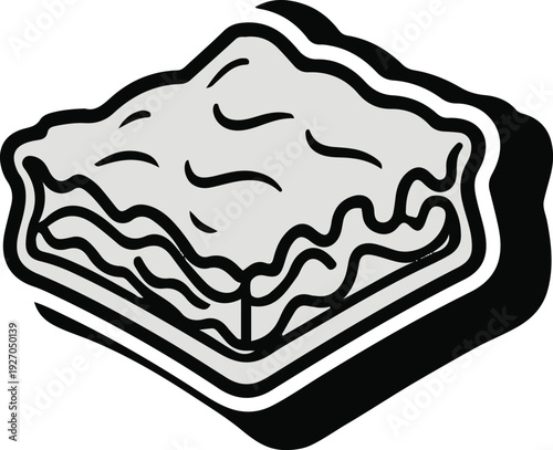Minimalist frozen lasagna slice vector sticker, bold black thick clean outline, pure white background, isolated object