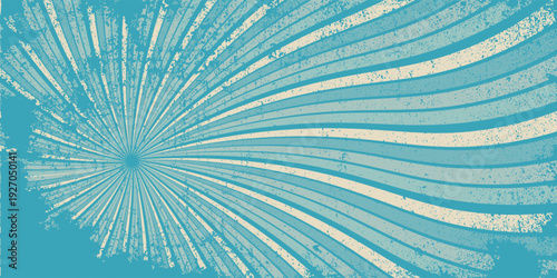 Retro vintage spiral wavy sun rays, blue background pattern, radial spiral stripes, comic ray stripes, grunge texture, circus, carnival, summer background, vector illustration.