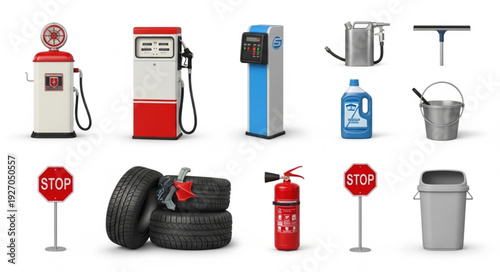 Collection of various service station equipment and accessories for vehicles and maintenance.