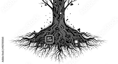 Digital Tree Circuit Board Roots Growth Technology Concept