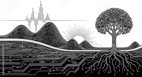 Digital Tree Landscape: Nature meets Technology, Roots in Circuit Board
