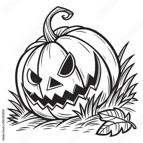 A classic jack-o'-lantern resting among autumn leaves in a detailed sketch style