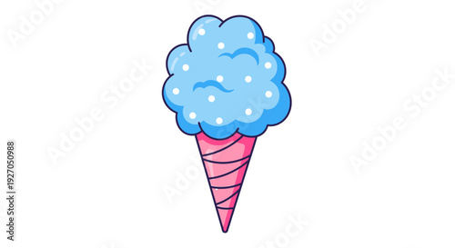 Blue cotton candy in a pink striped cone with white dots a white background
