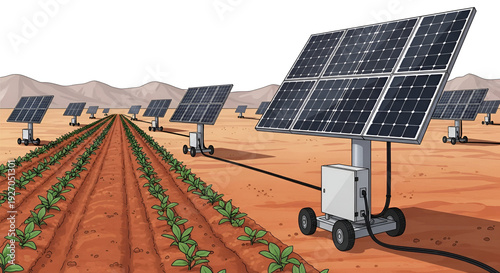 Solar panels in a desert farm field with plants growing in rows