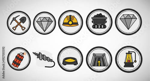Mining and mineral extraction icons representing various tools and symbols.