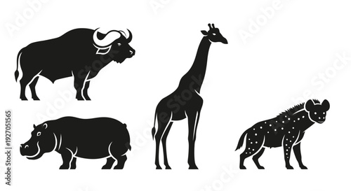 African Safari Animals Silhouette Collection - Buffalo, Hippo, Giraffe, Hyena Vector Icons