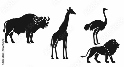 African Safari Animals Silhouettes: Buffalo, Giraffe, Ostrich, and Lion Set