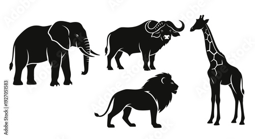 African Safari Animals Silhouettes Collection: Elephant, Buffalo, Lion, and Giraffe