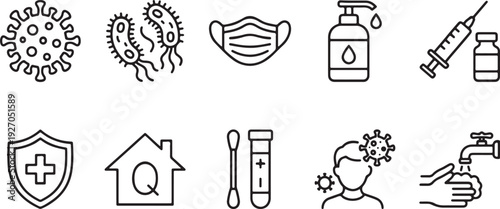 Coronavirus pandemic medical icons set with virus, mask, vaccine, syringe, and healthcare symbols vector illustration