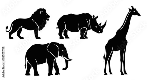 African Safari Animals Silhouettes: Lion, Rhino, Elephant, Giraffe Icons Set
