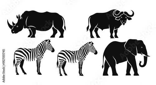 African Safari Animals Silhouettes Set: Elephant, Rhino, Buffalo, and Zebras Wildlife Collection