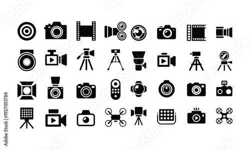 Extensive collection of black camera and video equipment icons