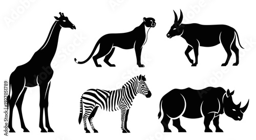 African Safari Animals Silhouettes Set: Giraffe, Zebra, Rhino, Panther, Antelope