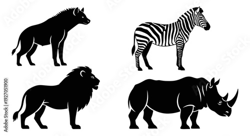 African Wild Animals Silhouettes Set: Lion, Zebra, Rhino, Hyena Icons