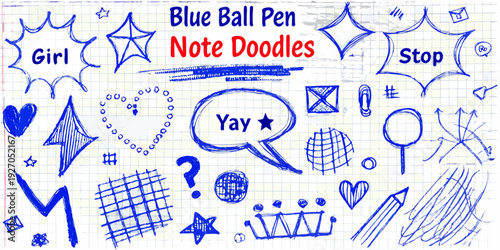 Hand drawn doodles with a blue ballpoint pen on lined paper