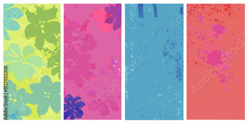 Four brightly colored vertical panels with floral and textured designs