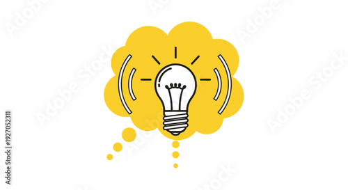 Yellow thought bubble with glowing light bulb symbolizing new idea inspiration and innovation