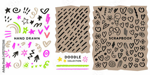 Assorted hand drawn doodles and scrapbook elements on a neutral background
