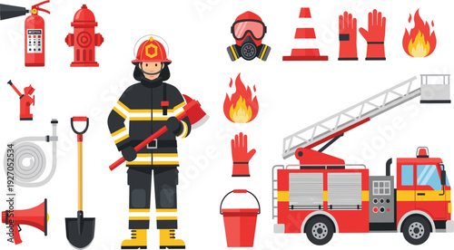 Firefighter Equipment and Fire Truck with Hose, Helmet, and Extinguisher Illustration