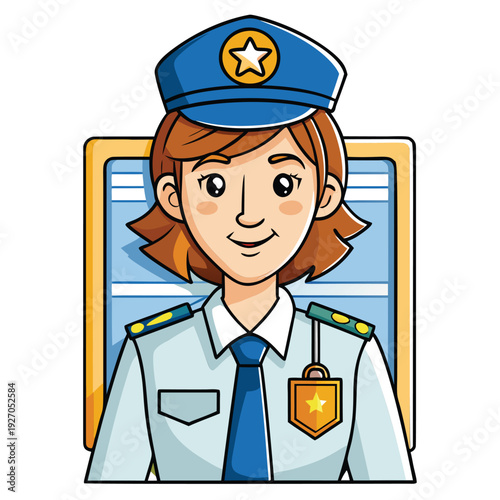 Female officer in uniform. smiling. in a security office