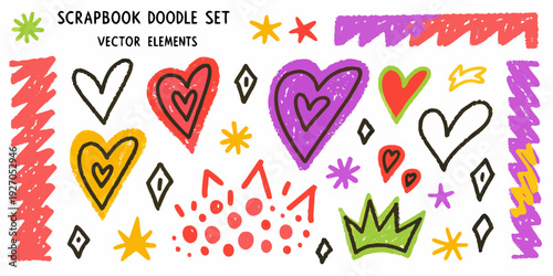Colorful scrapbook doodle set featuring hearts stars and zigzag lines