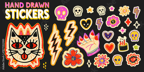 Colorful hand drawn stickers featuring skulls hearts cats and floral designs