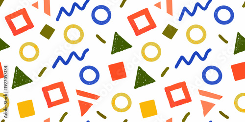 Colorful geometric shapes repeating across a white background pattern