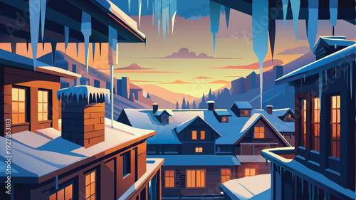 Snowy Mountain Village at Sunrise