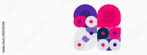 Abstract composition featuring overlapping circles. Various shades purple, pink, white create dynamic visual texture. Simple geometric forms dominate design.