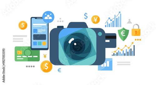 Microstock Photography Business Concept: Digital Content Monetization, Selling Photos Online, Financial Data, and Security.