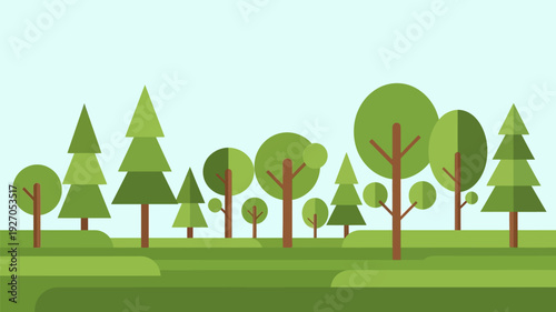 Vibrant minimalist flat design illustration of a lush green forest landscape with various trees under a serene blue sky, depicting natural beauty and environmental harmony