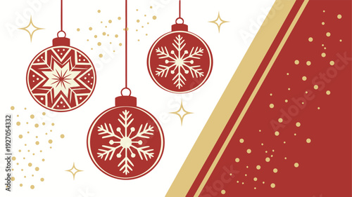 Red Christmas ornaments with snowflake on white and red background snowflakes gold