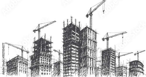 Buildings Under Construction with Tower Cranes Vector Line Art Illustration, Urban Development Architecture In Progress, Hand Drawn Black Outline Sketch on White Background for Real Estate Engineering