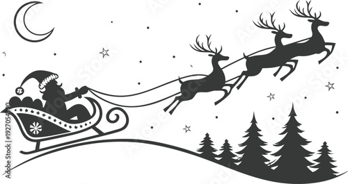 Santa Claus in sleigh pulled by reindeer on a snowy night Christmas