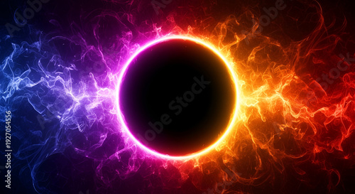 A colorful solar eclipse with vibrant purple and orange hues