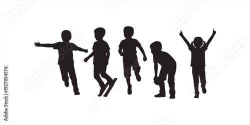 Black silhouette of children playing on playground equipment, kids swinging climbing and hanging on monkey bars over white background, vector set