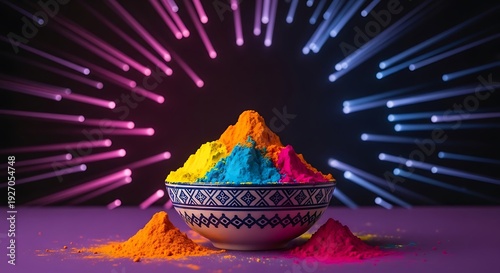 Vibrant holi colors in a traditional bowl with fireworks background