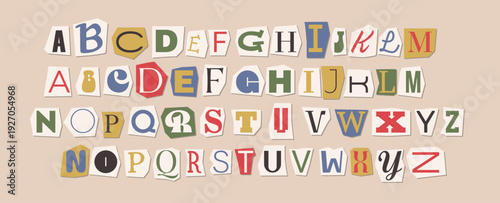 Ransom note alphabet vector set with colorful magazine cutout letters. Grunge collage typography font made of ripped newspaper pieces. Anonymous text design elements for punk posters and retro artwork