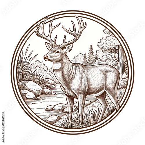 Vintage deer engraving in a circular frame with forest and river landscape background