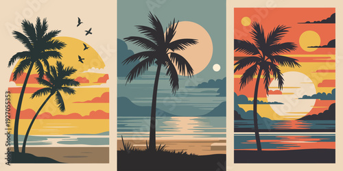 Tropical Palm Sunset Triptych poster set, golden yellow orange sky with bent palm tree landscape
