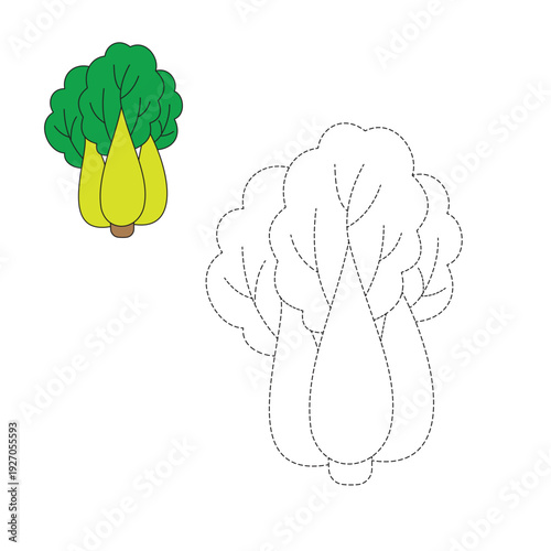 Simple bok choy trace and color worksheet for kids