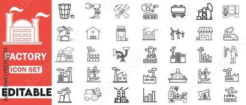 Factory icon set. featuring industry, production, machine, manufacture, warehouse, fabrication, goods, Technology, Engineering, Logistics, Efficiency and more. Vector collection