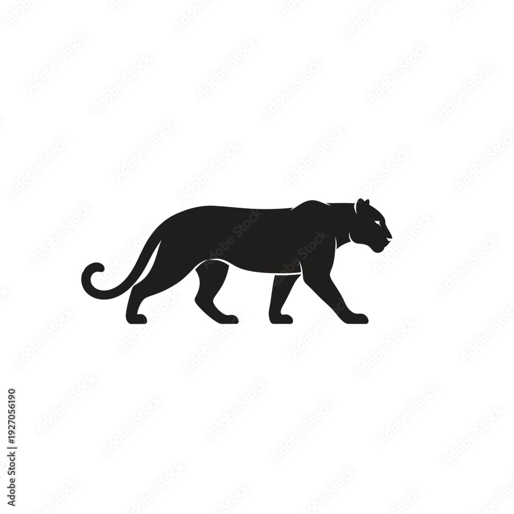 Obraz premium Powerful black vector logo silhouette of a majestic walking panther, symbolizing strength, speed, and untamed wild nature for diverse branding and graphic design projects