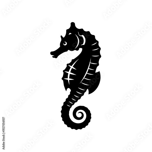 Stylized black vector illustration of a seahorse silhouette, embodying marine elegance and underwater enchantment, ideal for a distinctive emblem or aquatic design projects