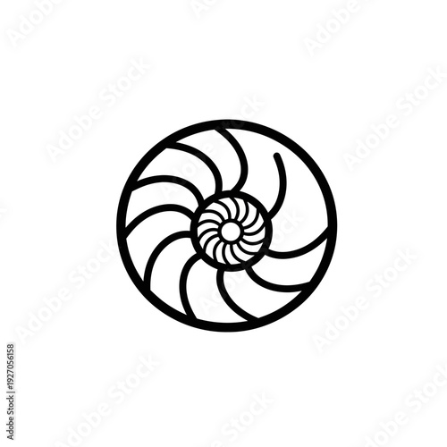 Elegant black vector line art symbol illustrating a mesmerizing spiral pattern, embodying natural growth, mathematical precision, and harmonious balance for modern branding