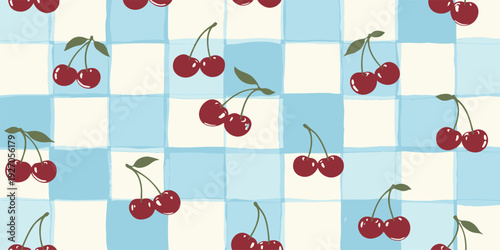 Charming and nostalgic seamless pattern featuring ripe dark red cherries scattered across a hand-painted checkered background. Perfect for fabric, packaging, wallpaper, and retro branding