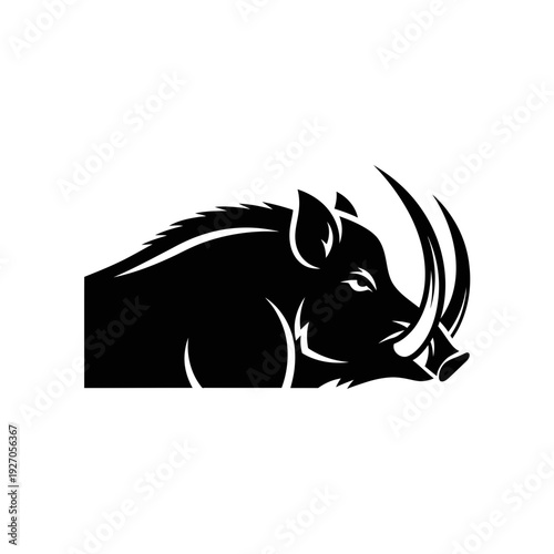 Powerful black vector logo illustration of a wild boar's head in profile, showcasing its fierce nature and prominent tusks, perfect for a robust brand identity or emblem design